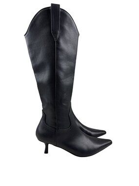 Steven Britt Knee High Boots Black Pointed Toe Kitten Heel Size 6M NWOB Minimal